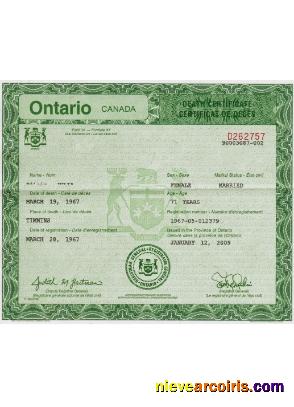 Canada Ontario death certificate